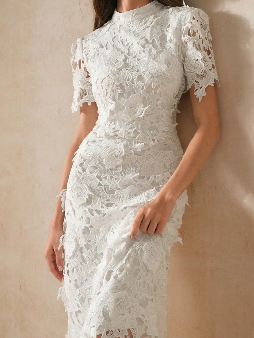 White Elegant Women's Slim Fit Lace Trimmed Maxi Dress - Picture 3 of 7